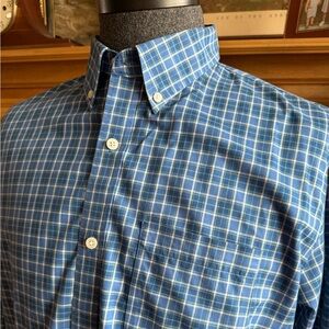 LL BEAN 🦆 Men’s All Cotton Blue & Green Plaid Button Down Shirt - Size LRG